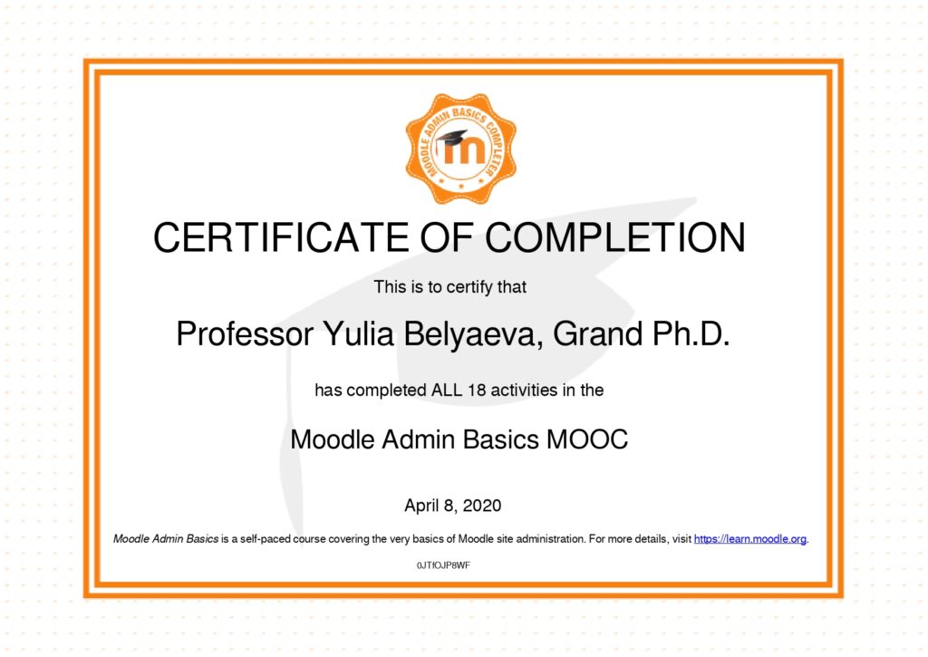 Сертификат Администратора Moodle Экологическая Академия Дистанционное Обучение по Экологической Безопасности